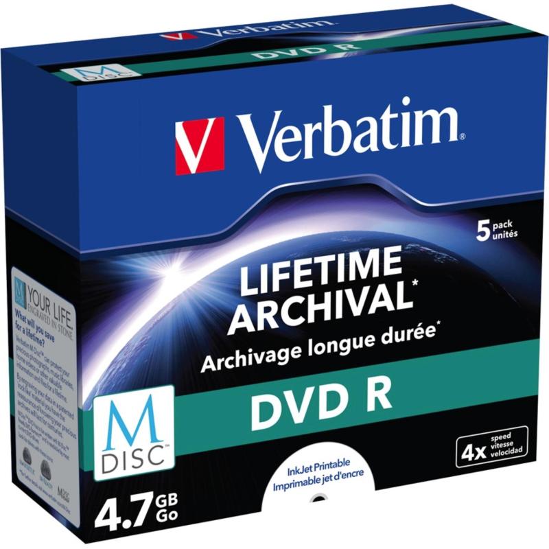 Verbatim MDisc Lifetime Archival 4.7GB Capacity Printable DVD-R DVDR Blank Media Recordable Disc 6x Discs Jewel Case 5PC
