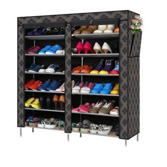 Shoe Rack with Canvas Cover, 12-tier Black with Gold Checkers print