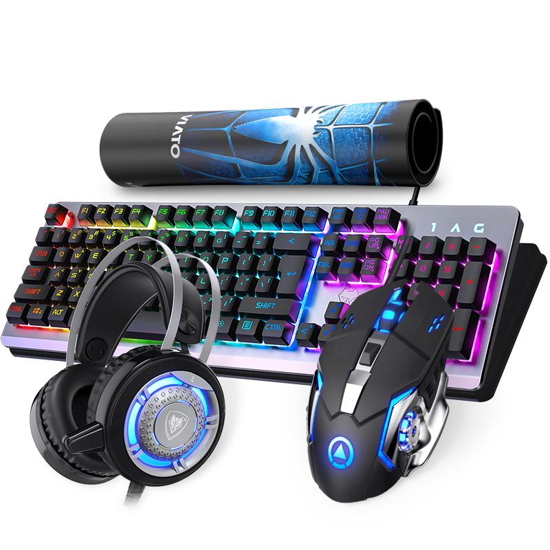 Computer Wired Luminous Game Mechanical Touch Keyboard Mouse Set Notebook Desktop Mouse Headset Four Pieces () - intl