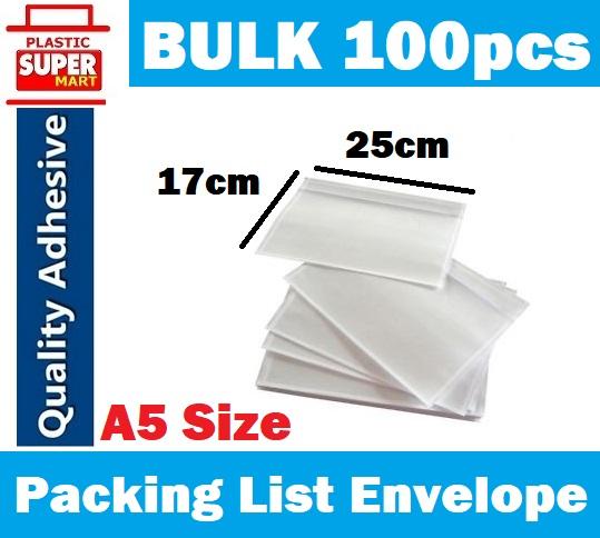 100pcs [A5 Size = 17cm x 25cm] Packing List Clear No Print Adhesive Packing List Envelopes / Plastic Poly Shipping labels Pouches Bag