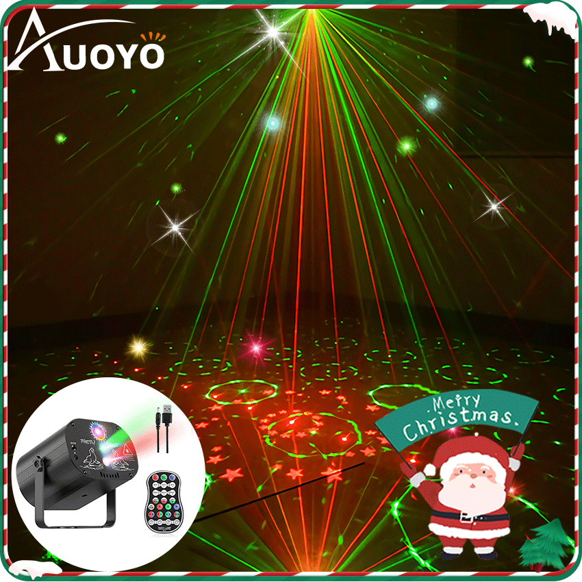 Auoyo Outdoor Christmas Laser Light Christmas Projector Laser Lights Stage Lights Party Lights DJ Disco Sound Activated Strobe Lights RGB Led Laser Projector With Remote Control For Christmas Decorati