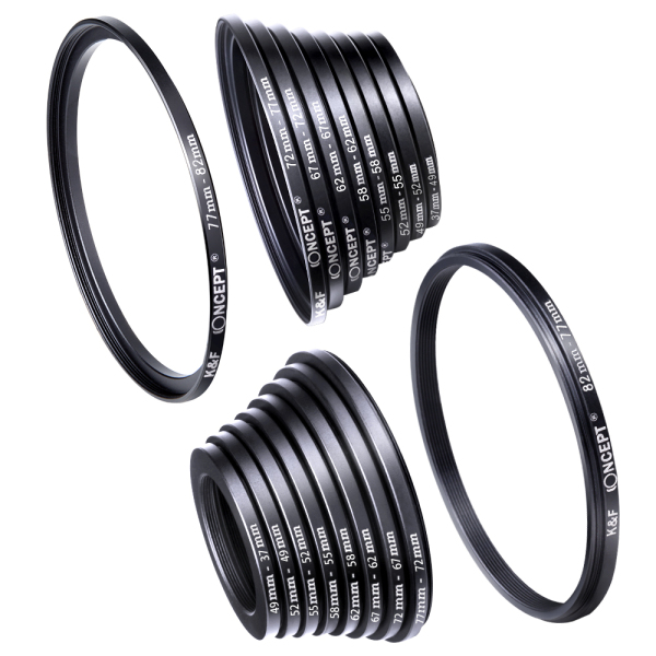 K&F Concept 18pcs Camera Lens Filter Metal Stepping Rings kit 9pcs Step Up Ring Set + 9pcs Step Down Ring Set Filter Ring Adapter for Camera lens