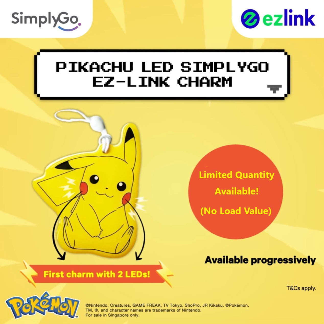 Limited Edition - Pokemon Summer Pikachu LED Simply-Go EZ-Link Card (Lazada Exclusive) Ez Link Charm (While Stock Lasts!)