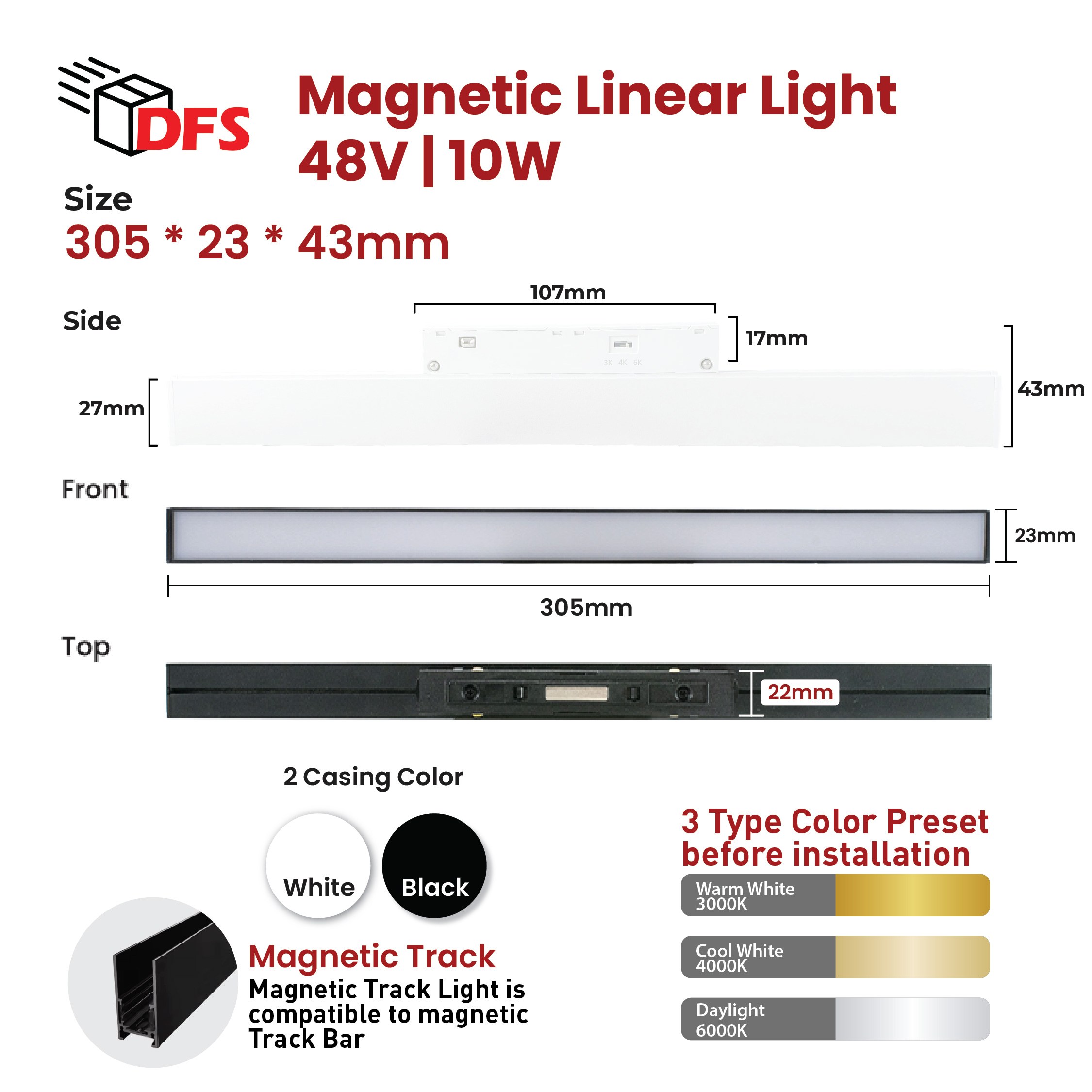 DFS Magnetic Track Light Pre-Set CCT Linear Light/Grille Light/Track Light wz OSRAM Led Chip D48V