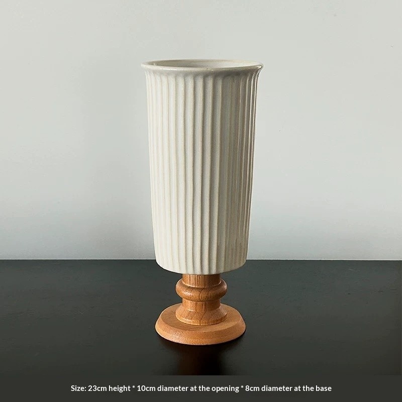 Povasa French Style Relief Creative Ceramic Vase with Wooden Base Living Room Entrance Home Hotel Decoration Luxury Bedroom Decor