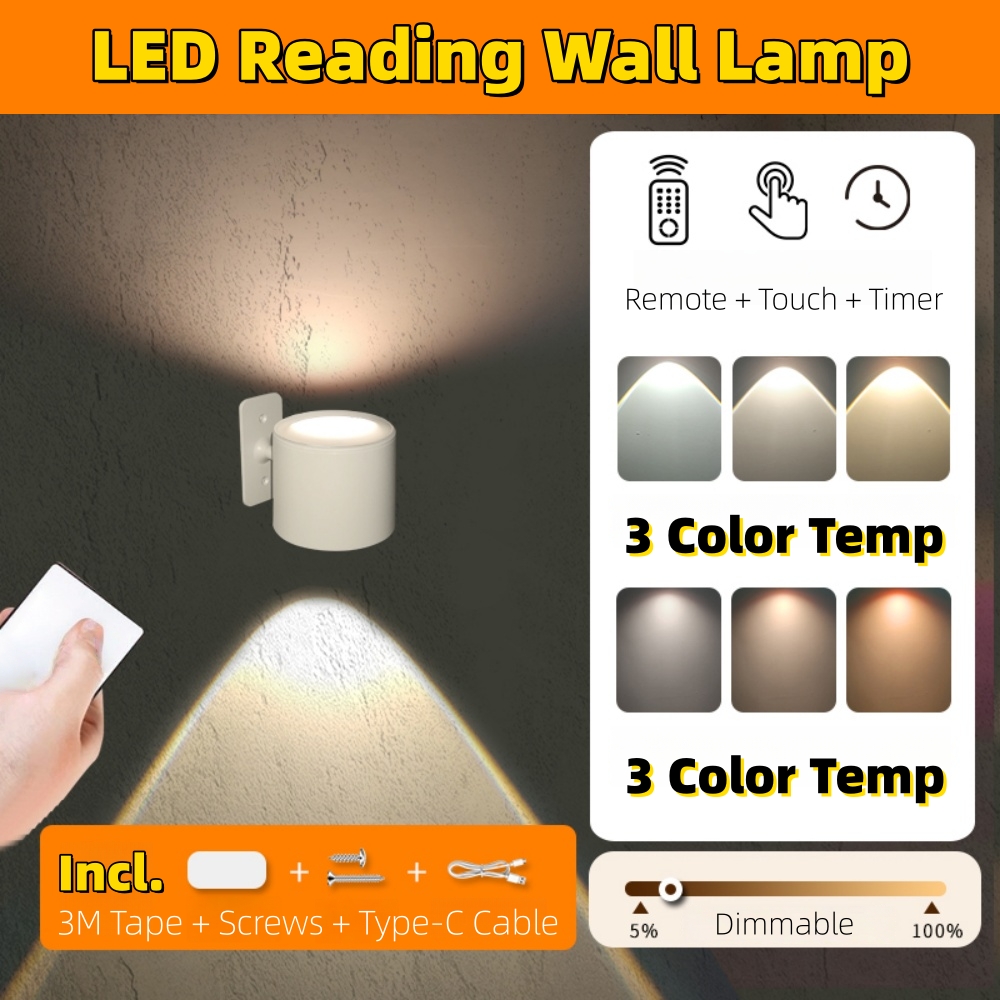 [SG Ready Stocks] LED Reading Wall Lamp – Wireless Rechargeable (1800mAh) with Remote/Touch Control 3 Color Modes Dimmable Timer Off Rotatable Body Type-C Charging & Drill-Free No-Wiring Setup