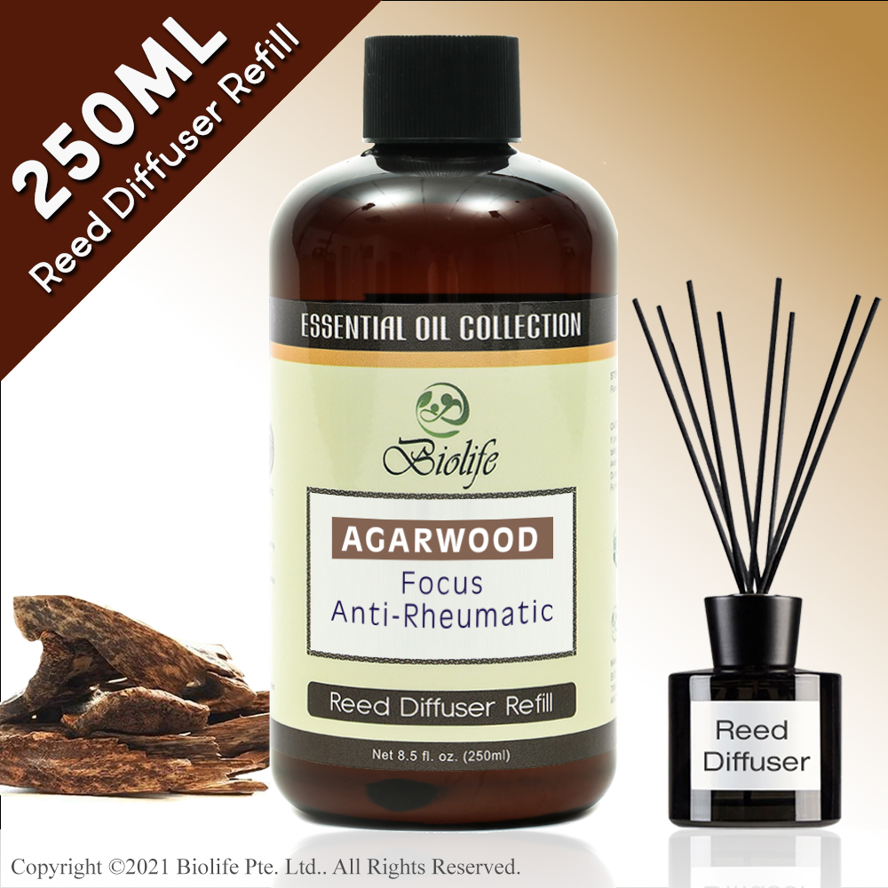 Biolife Agarwood Essential Oil Aromatherapy Reed Diffuser Refill Long Lasting Scent (250ml Reed-Diffuser Refill)