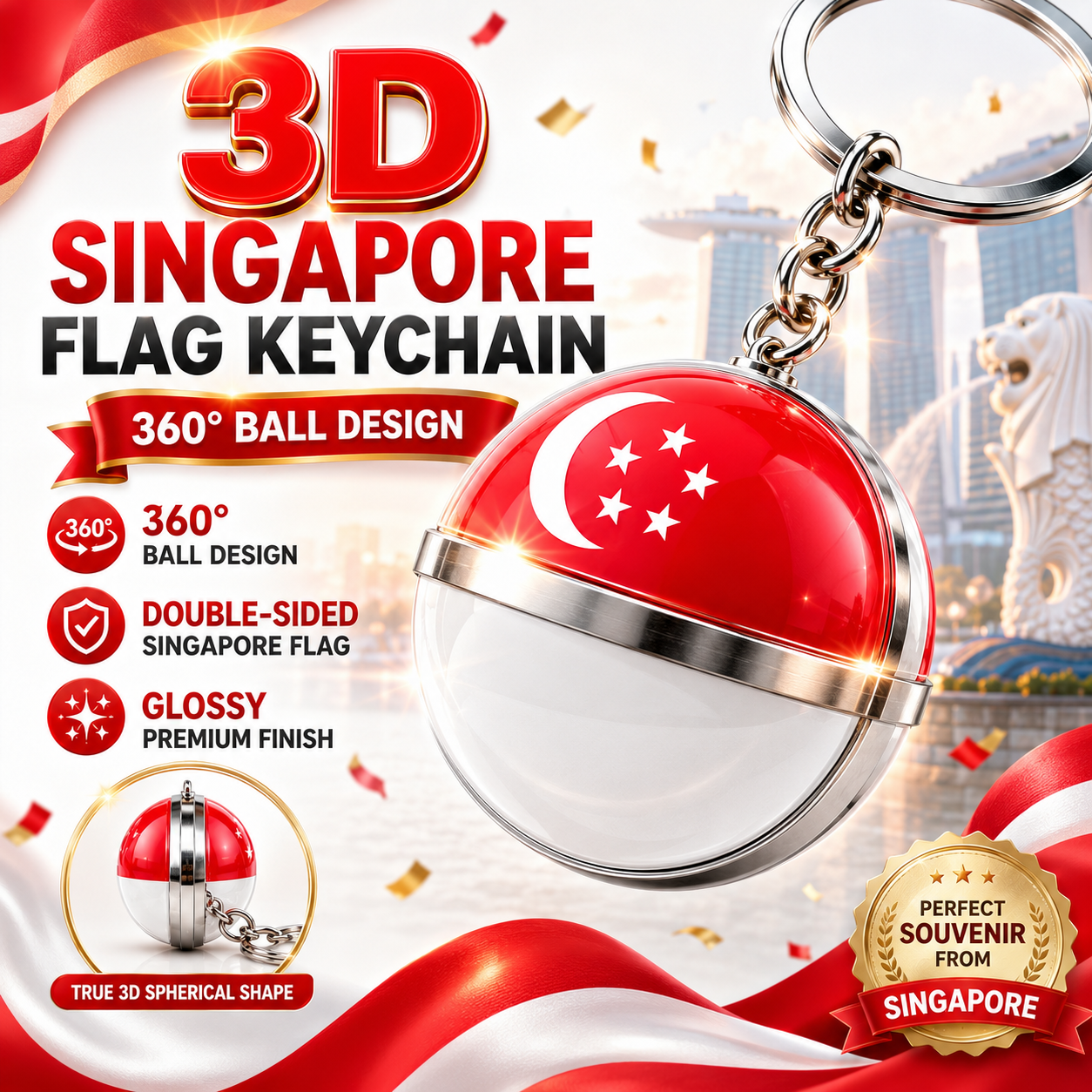 [SG Ready Stock] Singapore National Flag Keychain Premium Zinc Alloy Glass Cabochon Key Ring NDP National Day Souvenir Corporate Gift