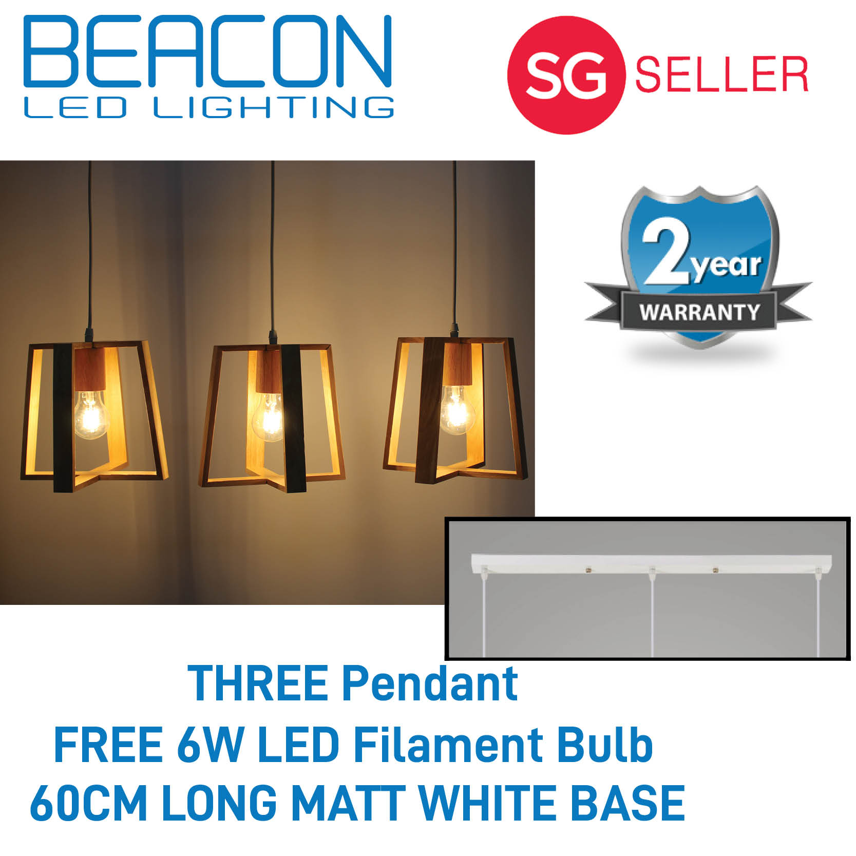BEACON LED (LOCAL SELLER WITH WARRANTY) 3D Wood Pendant Light - Single/Three Head - Scandinavian Style - LED BULB Included