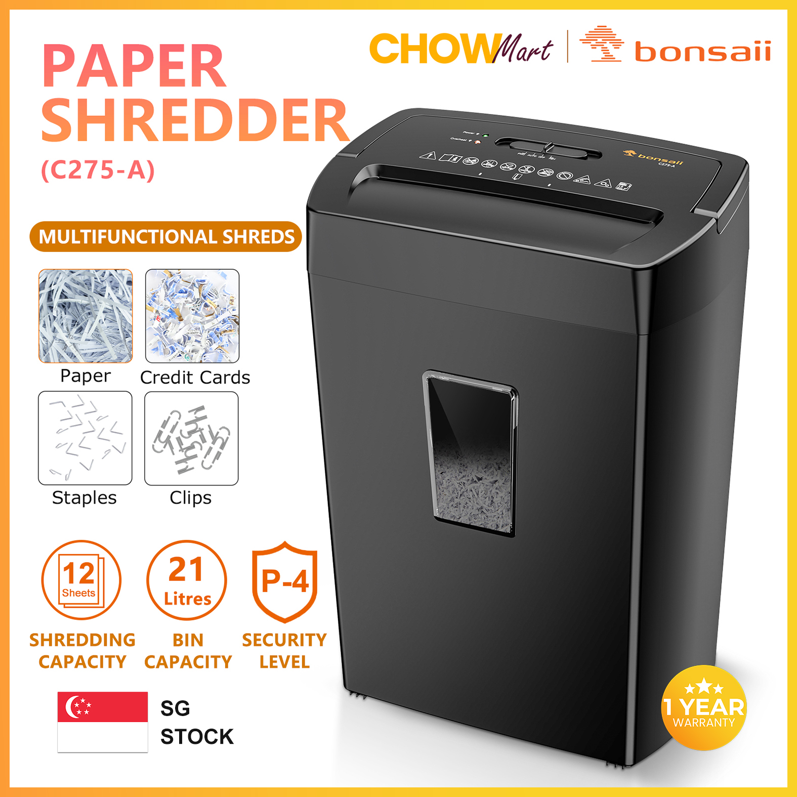Bonsaii C275-A 12-Sheet Cross Cut Paper Shredder 21L Home Office Heavy Duty Shredder High Security Level P-4