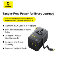 Baseus EnerCore CG11 Universal Travel Adapter with Retractable Cable 2AC+2U+2C 70W Fast-charging Travel Adapter with UK/EU/US Plugs Multi Plug Adapter for Ipad Pro 2022 MacBook M2 iPhone 16 15 14 13 Pro Max Macbook Air Sumsung Pixel Switch 2