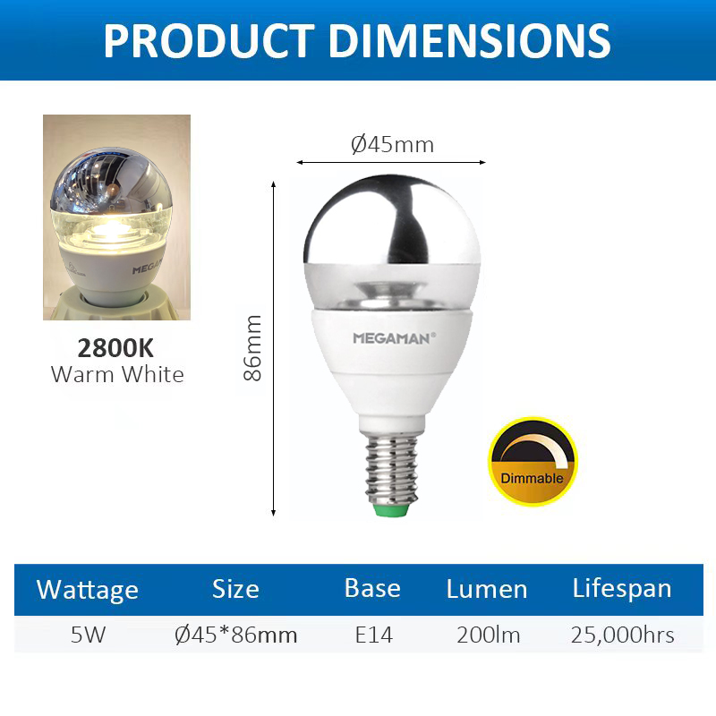 Megaman LED CROWN SILVER P45 5W E14 2800K Dimmable Warm White EyeCare