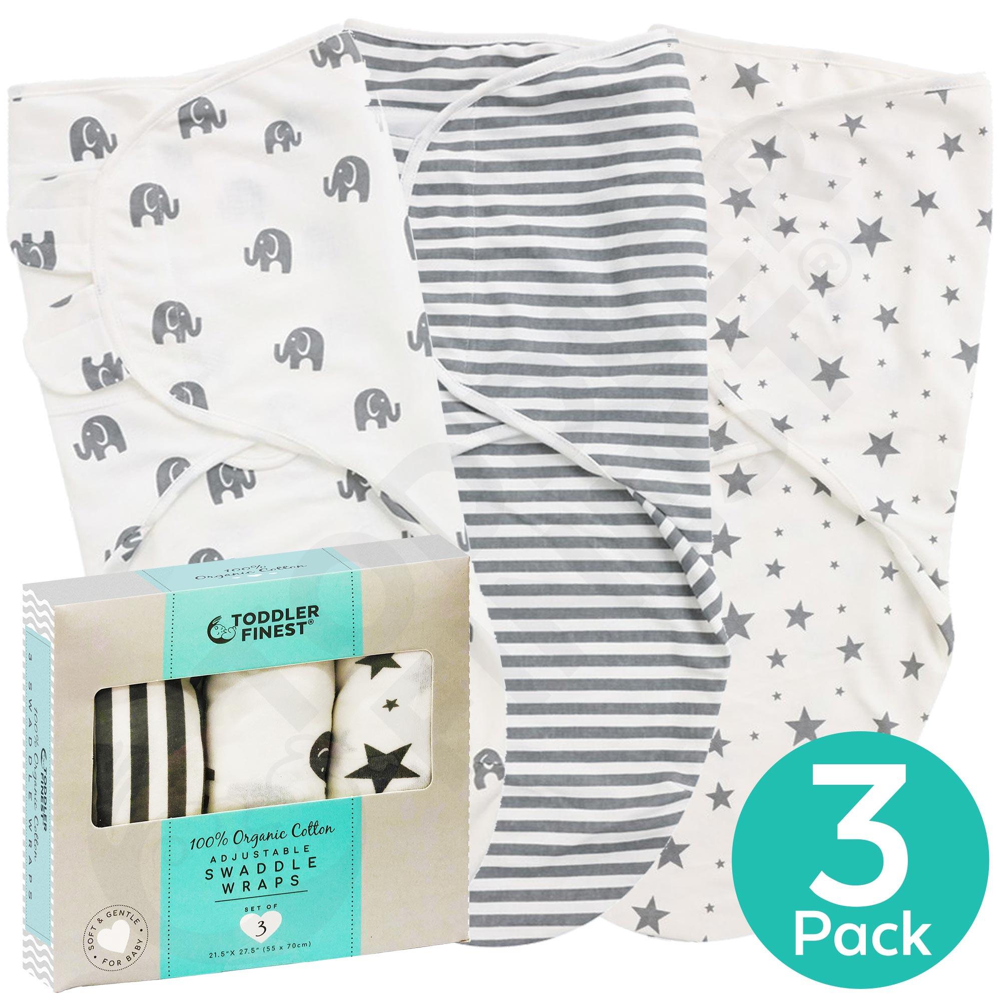 3-Pack Baby Swaddle Blankets - 100% Organic Cotton Wrap - Soft Breathable Durable Hypoallergenic Adjustable Sack - Unisex Boy Girl Infant Toddler Newborn - Registry Nursery Shower Gift - Small/Medium (0-3 Month)(ToddlerFinest)