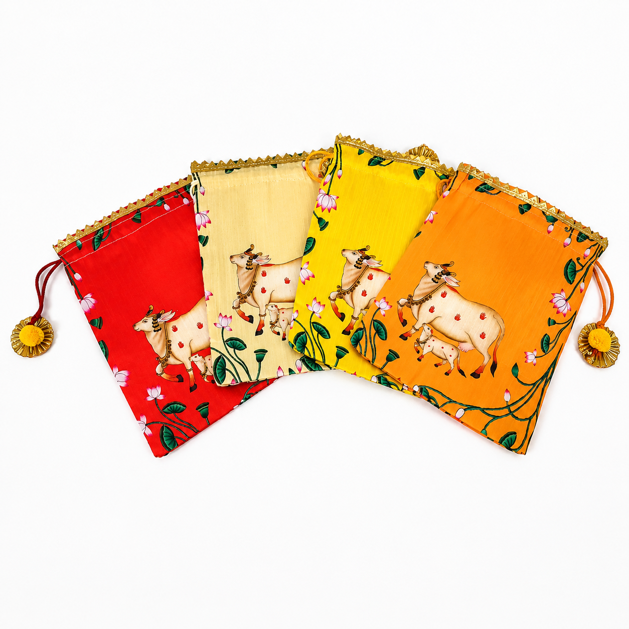 Krishna Yashoda Print Silk Potli Gift Bag with Drawstring Closure | Reusable Pooja Return Gift Pouch for Festivals Weddings & Favors (Pack of 1 Pc)