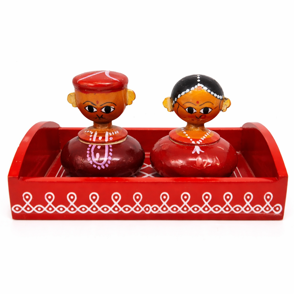 Traditional Wooden Kumkum Holder Set with Tray | Bride & Groom Design Haldi Kumkum Set for Return Gifts & Pooja (1 Set)