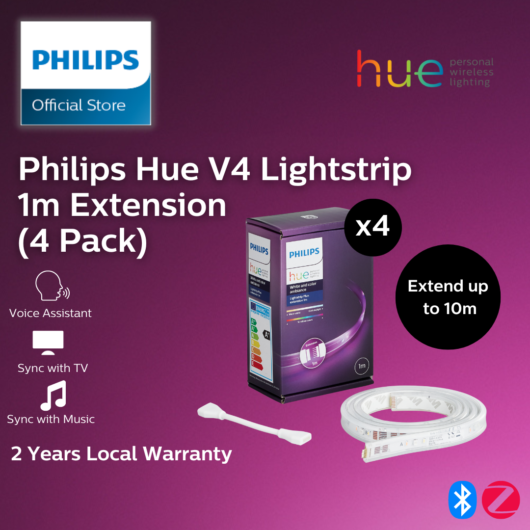 (4 Pack) Hue V4 RGB Light Strip Extension Multi pack - Philips Hue Smart Lightstrip extension pack of 4 | Works with Alexa HomeKit & Google Assistant Wi-Fi and Bluetooth Compatible
