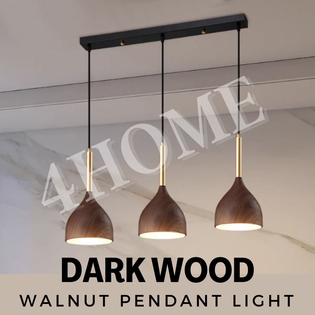 Nordic Dark Wood Print Walnut 3Head E27 Bulb Chandelier Pendant Light Island Kitchen Dining Living Hall