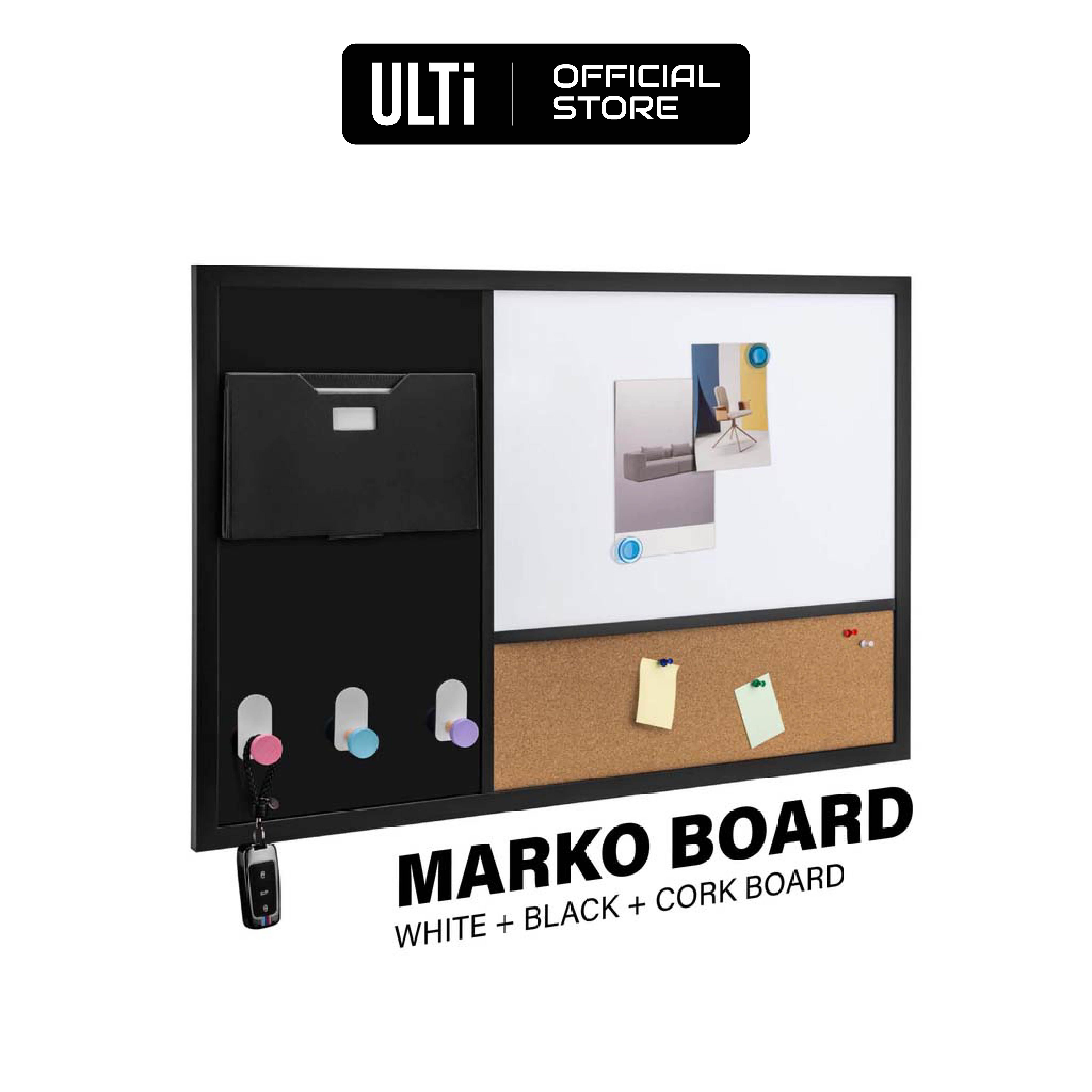 ULTi Marko Board - Whiteboard Blackboard & Bulletin Cork Board - Wall Mounted Magnetic w/ Mail Holder & Hook Organizer