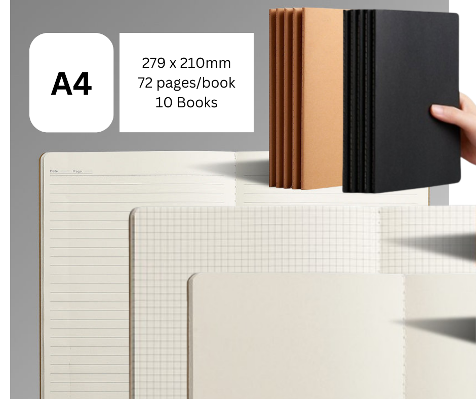 (Bundle of 10) Thread Stitching A5 B5 A4 Notebook /Lined / Grid / Black / Kraft Cover/ Black Cover / Travel Journal/Exercise Book/ String Bound/Notepads