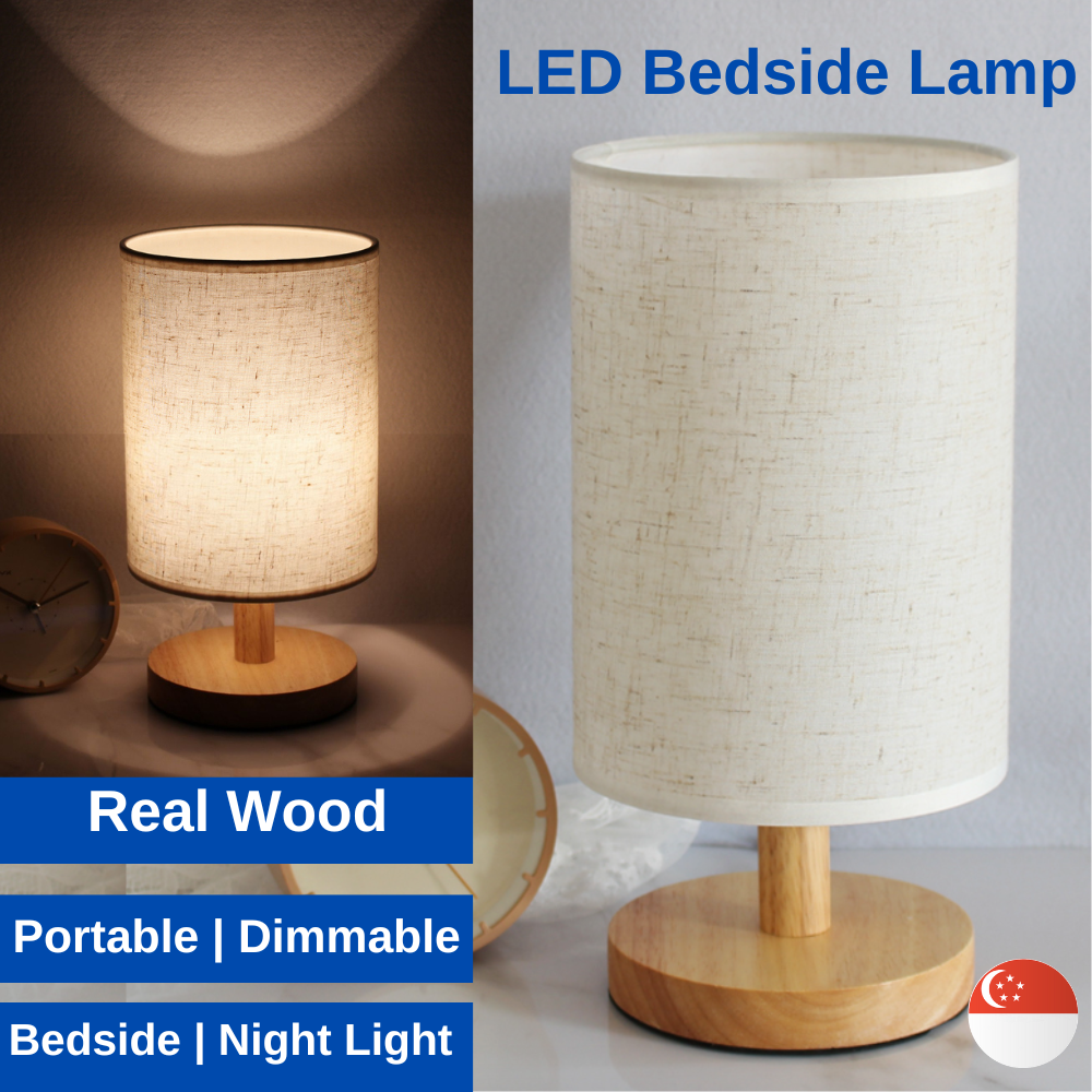 Fabric Bedside Night Light Wooden Table Lamp LED Desk Lamp Nightstand for Bedroom SG Seller