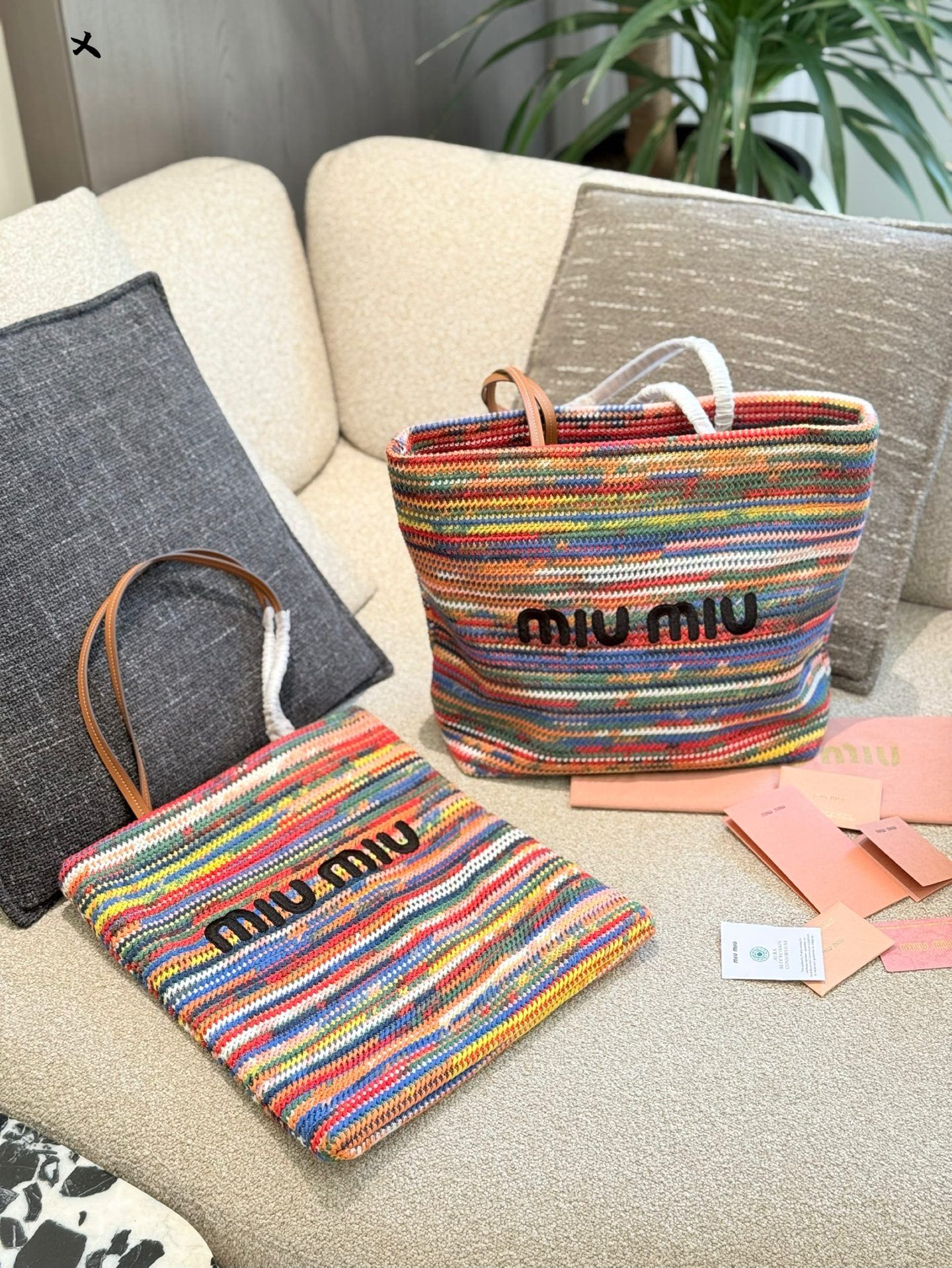 Original Authentic Luxury MiuMiu Woven Large Bag For Women Same Style As Dilraba Milk Tea Color Lazy Vacation Style Large Capacity Singapore