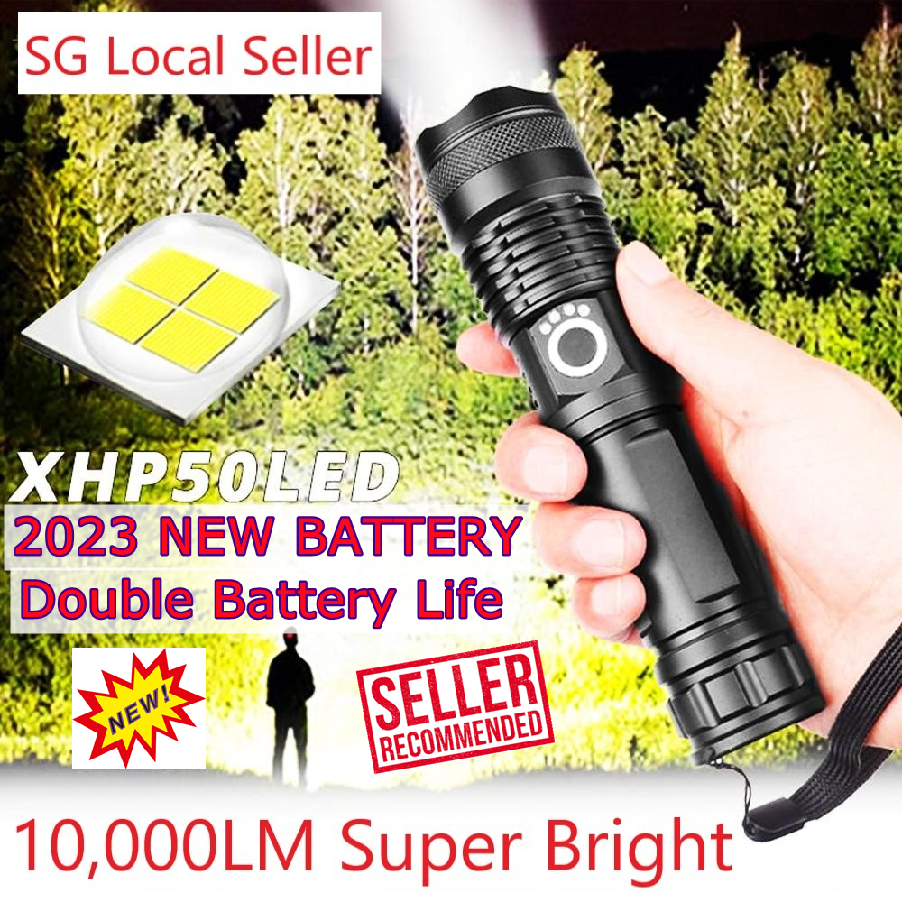 🔥SG LOCAL STOCK🔥NEW MODEL Double Battery Life 10000lm Super Powerful LED Torch XHP50 Tactical Torch Rechargeable