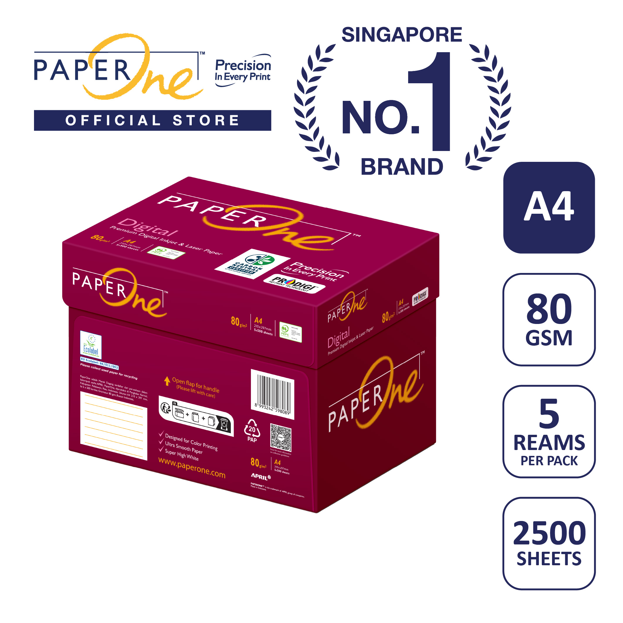 PaperOne™ Digital Premium Quality 85gsm / 80gsm Carbon Neutral Copy Paper A4 [1 Box]