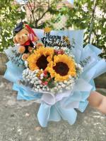 Same Day Delivery Graduation Bear Flower Bouquet with Sunflower and Baby’s Breath | Fresh Flowers Gift Present Wrapped in Light Blue | Perfect for Convocation Surprise Gifting or Graduation Day Celebration | Cute Plush Elegant and Ready-to-Gift