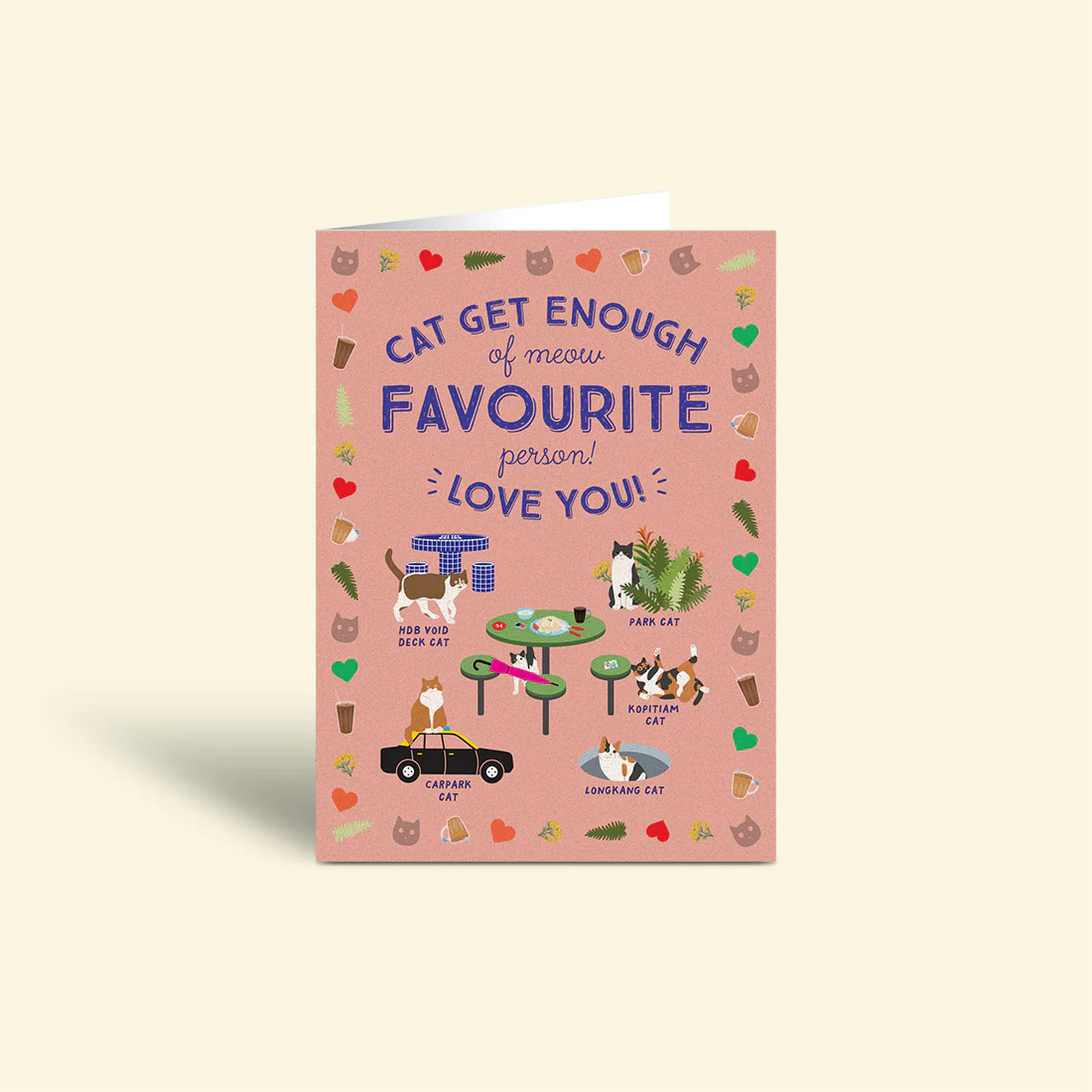 Singapore Souvenir Greeting Card – (Happy Anniversary / Love) Cat Cats HDB Kopitiam Void Deck Park
