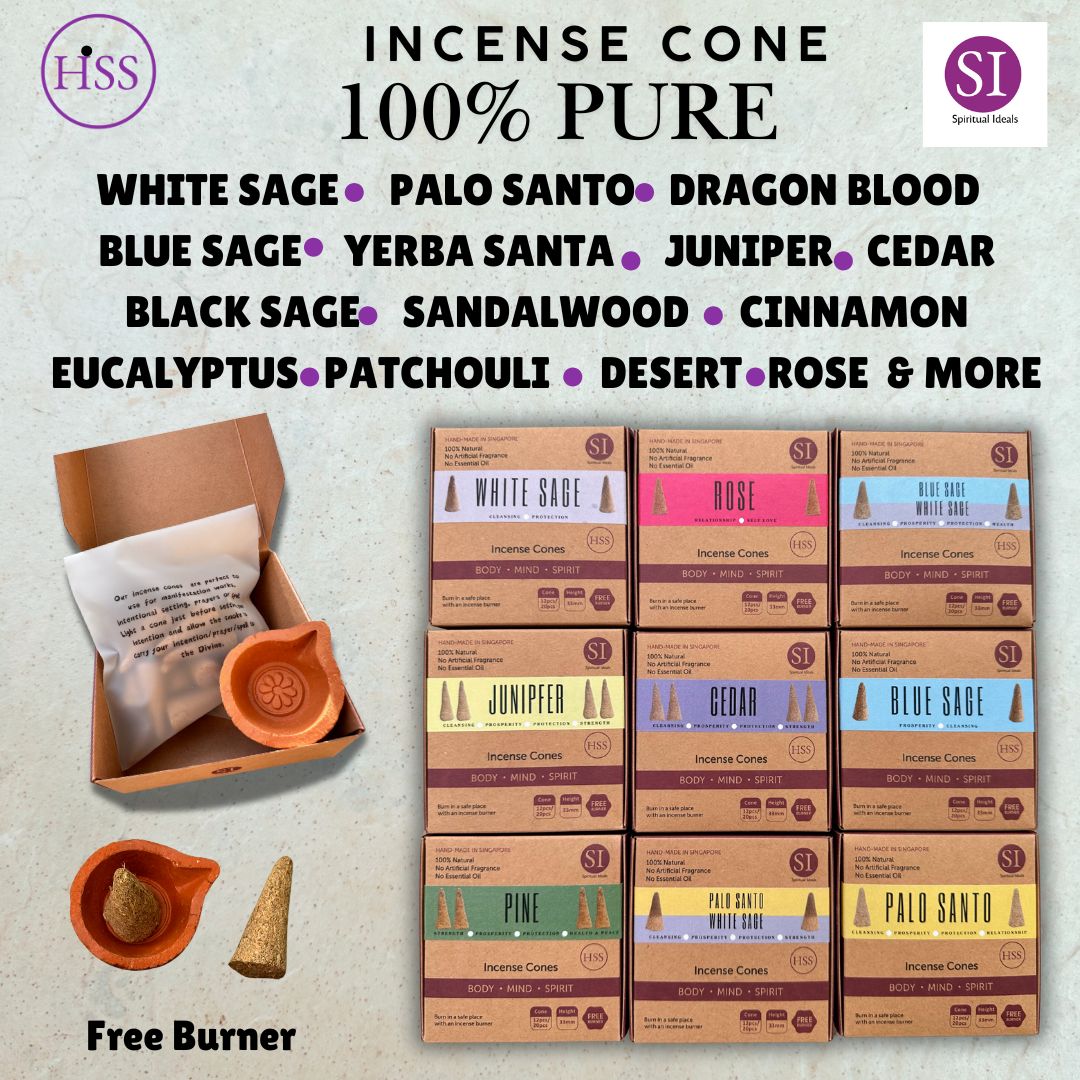 HSS Incense Cone 100% Original Leaves White Sage Palo Santo Blue Sage Cedar Juniper Dragon Blood Red Rose Rosemary Pine Purify Negative Energy