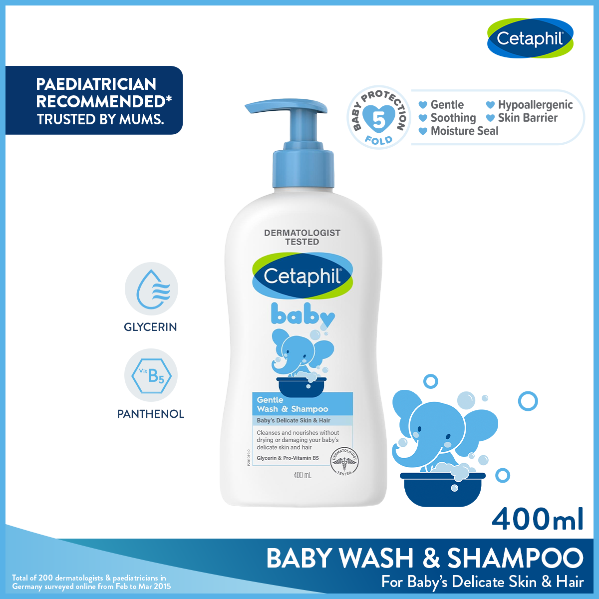 CETAPHIL BABY Gentle Wash & Shampoo with Glycerin & Panthenol 400ml [Head to Toe Gentle Cleansing Formula]