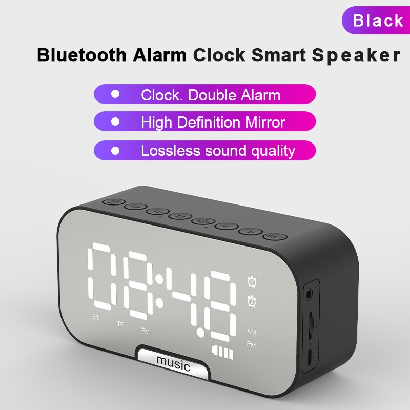 【SKIT SG】Q5 Rechargeable Mirror LED Digital Display Alarm Clock with Bluetooth 5.0 Wireless Speaker FM Radio Dual Alarm Clock Support TF Memory Card Subwoofer Music Speaker Call Temperature Display Mobile Phone Support Holder Aux Audio 3 Mode