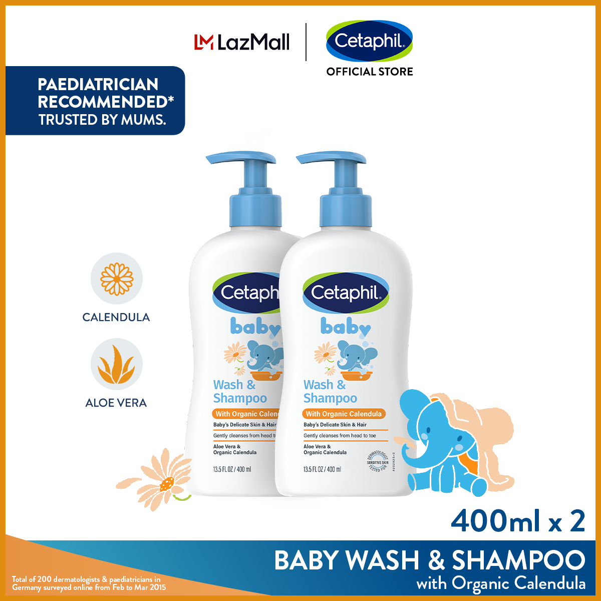 [Bundle of 2] CETAPHIL BABY Wash & Shampoo with Organic Calendula and Sunflower Seed Oil 400ml [Gentle & Hypoallergenic]