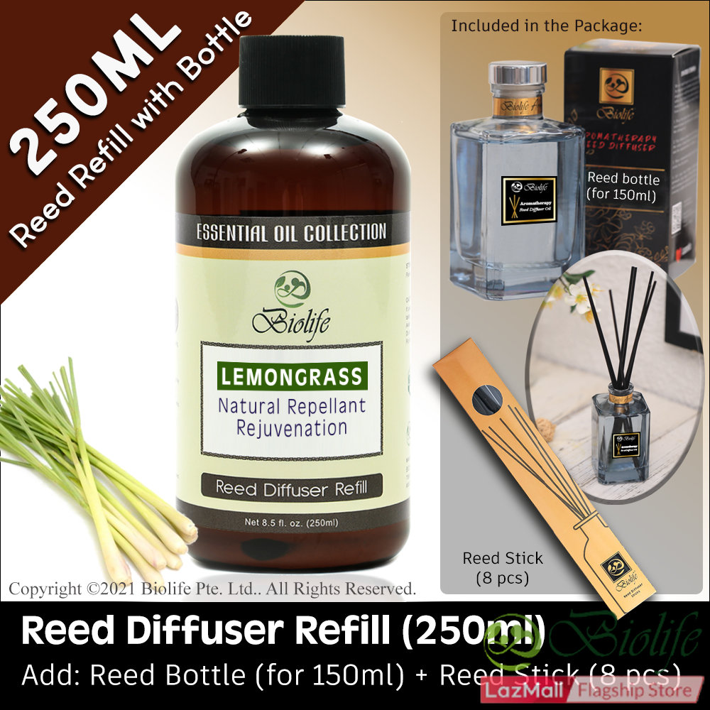 Biolife Lemongrass scent Reed Diffuser Refill (250ml) with glass reed diffuser and reed stick Essential Oil Aromatherapy Long Lasting Scent [BD]