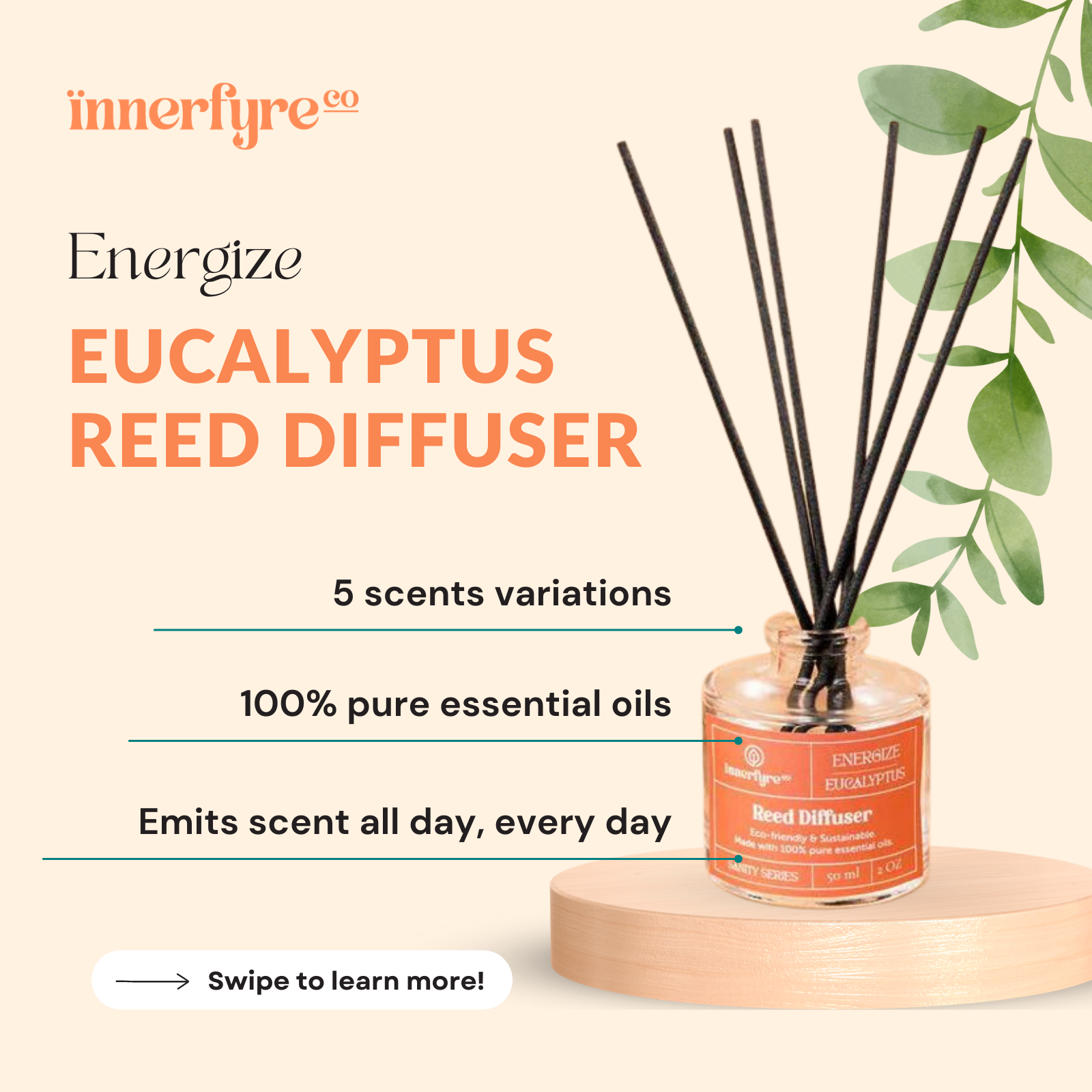 Energize Reed Diffuser | 50ml/100ml | Invigorating Eucalyptus Essential Oil - Practical Home Fragrance & Perfect Gift Option