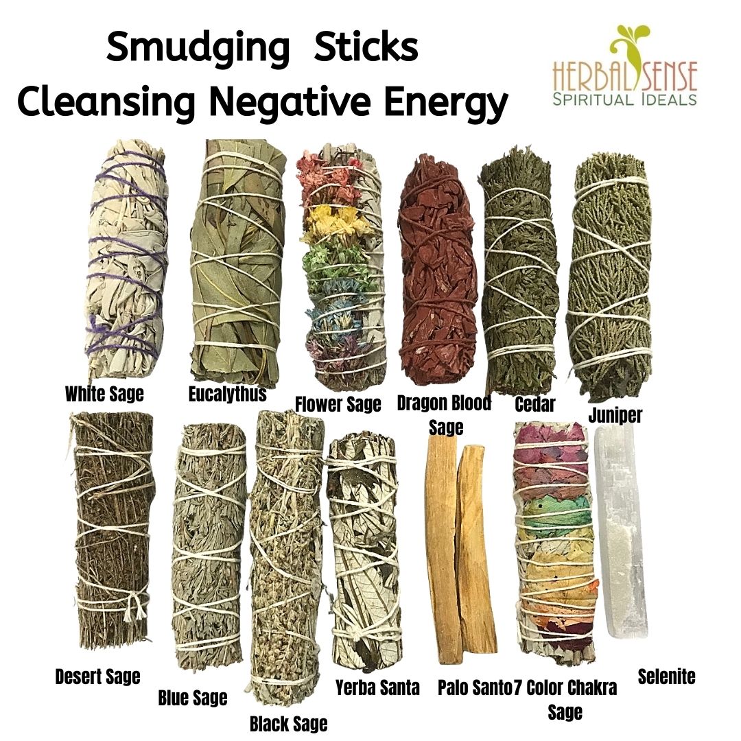 SI Smudging White Sage Sticks 鼠尾草 Palo Santo Blue Sage Dragon Blood Sage Cedar Juniper Rosemary Pine Desert Sage Purifying Negative Energy Attract Good Energy