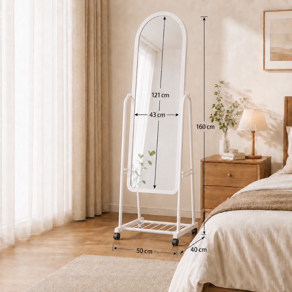 Turtle Rolling Full Length Mirror 360° Swivel Floor Mirror with Storage Shelf & Wheels