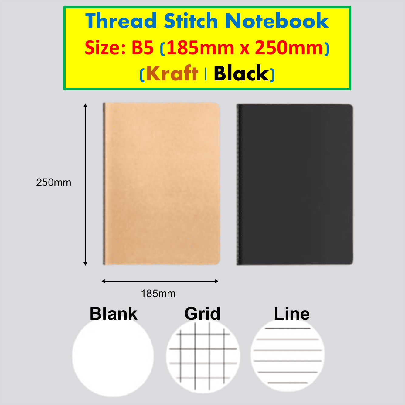 Notebook / Exercise Book A5/B5/A4/Line/Grid/Blank - Kraft and Black