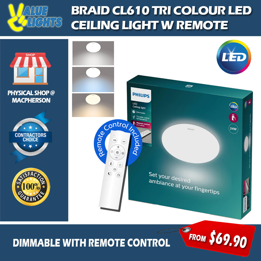 PHILIPS Braid CL610 Tri-Tone Dimmable LED Ceiling Light with Remote Control Tunable Brightness Control 24W | 36W