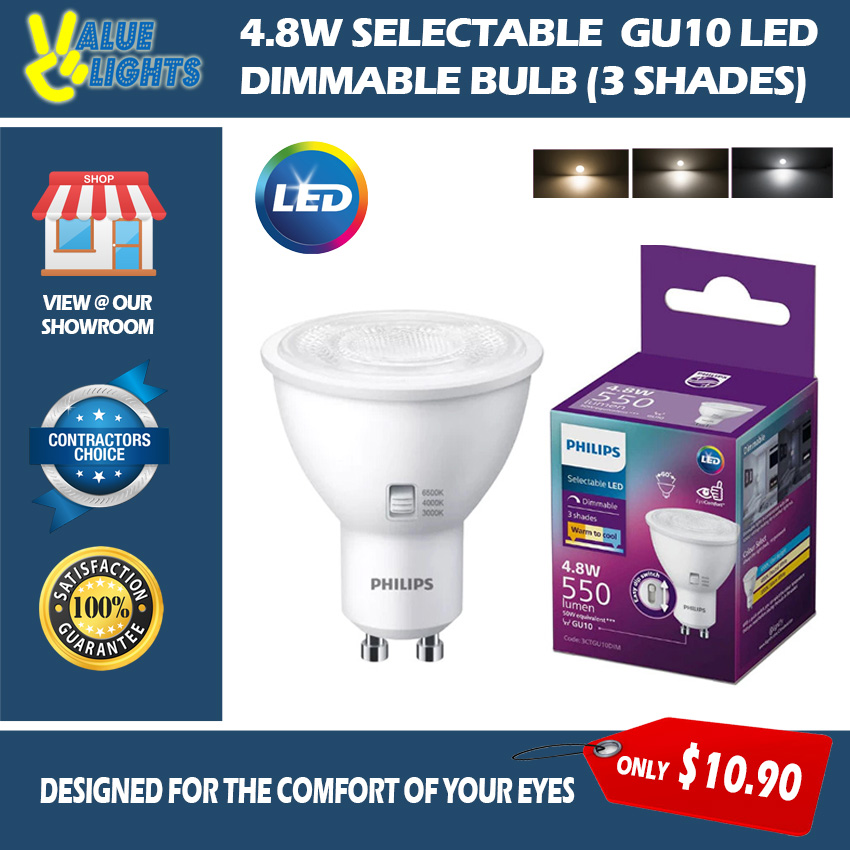 PHILIPS 4.8W Selectable GU10 Spot Dimmable LED Bulb 3 Colour Temperature with EyeComfort