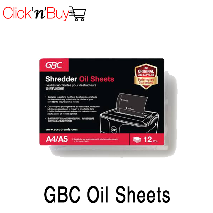 Original GBC Oil Sheets.Fits all GBC A4 sized shredders. Contains 12pcs. Prolongs Shredder Life.