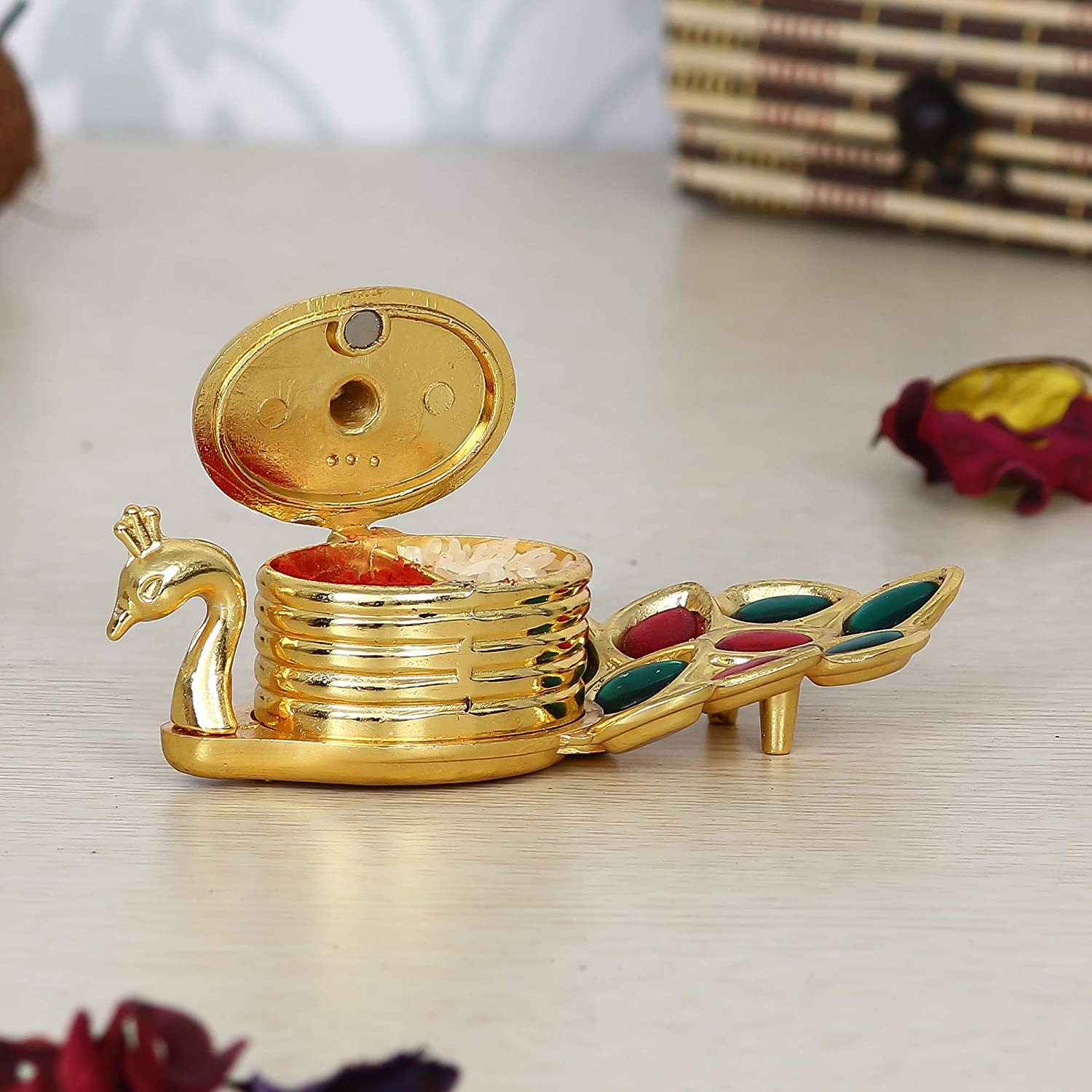 Decorative Peacock Fancy Designs Haldi kumkum Holder/Roli Chawal Box/Small Peacock Set WeddingRakhiPuja.(12x5x8 cm)