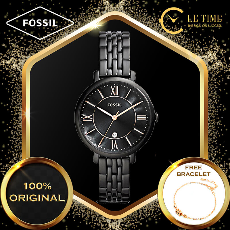 [Authentic Fossil **] Jacqueline Three-Hand Date Black Stainless Steel Women Ladies Watch Jam Tangan Wanita ES3614