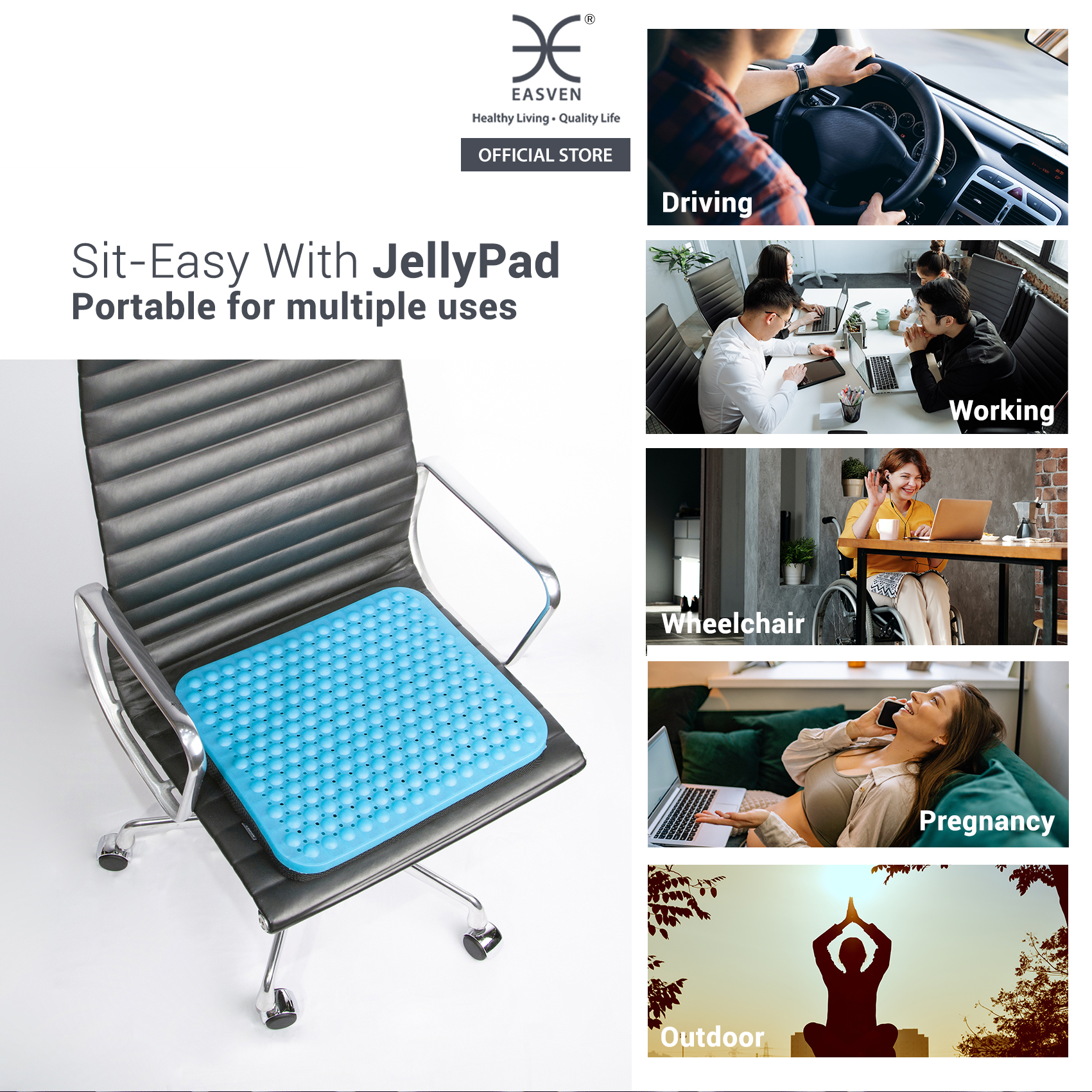 EASVEN JellyPad | Gel Seat Cushion | Lumbar Back Support | Chairs & Cars Cushion Pad | Breathable and Cooling I Original I High Elasticity | Ergonomics | Pressure Release