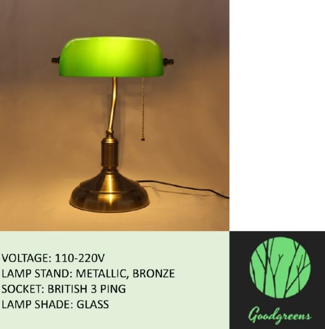 Antique Brass Bankers Desk Lamp with Green Glass Trough Shade