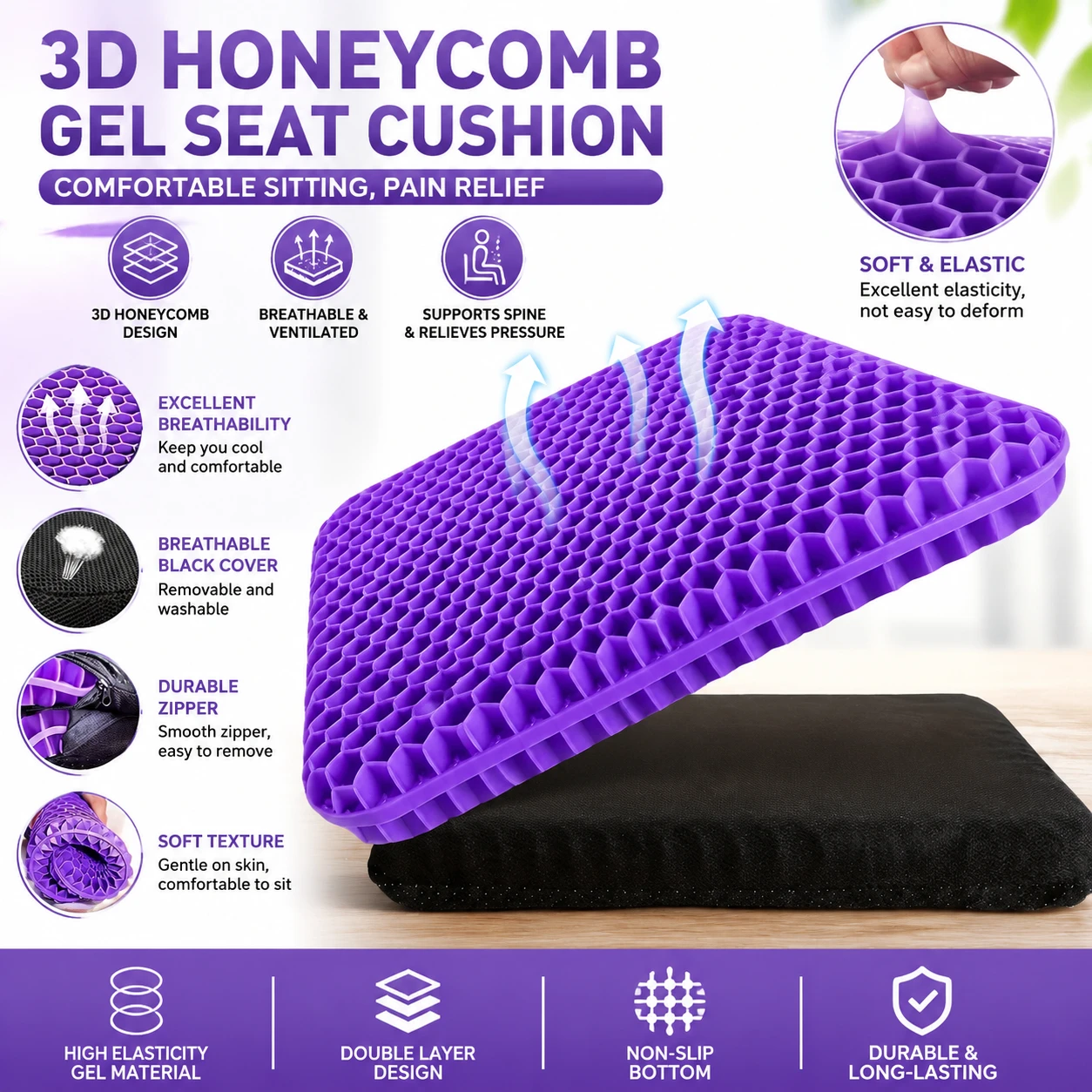 Gel Seat Cushion Double Thick Egg Gel Cushion Pressure Relief Breathable Chair Pad Car Seat Office Chair Soft Cushion with Free Black Cloth Cover