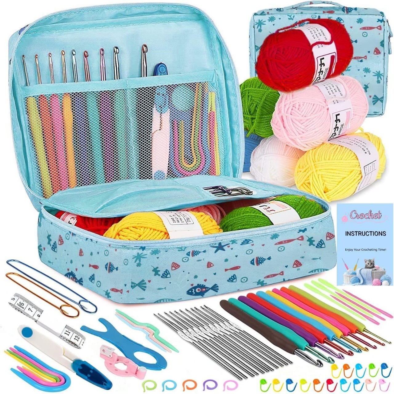 Crochet Kit 68PCS Sewing Tools Knitting Yarn Crochet Full Set of Materials Package Suitable for Beginners DIY Sewing Kit