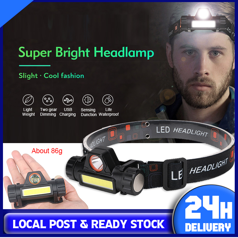 [Local Ready Stock] 5W USB Rechargeable Flashlight LED Headlight Body Motion Sensor Head Flashlight Camping Torch Light Lampe For Camping Running Fishing Cycling Headlamp