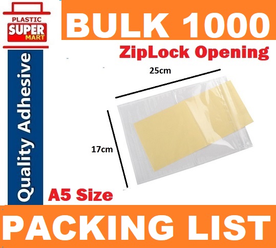 【PACKING LIST】BULK BUY 1000 [17cm x 25cm] Zipper Resealable Adhesive Clear Envelopes | Waterproof Plastic Poly Shipping labels Peel and Seal Zip Pouches Bag for protecting invoices receipts and documents mailing packing Slip