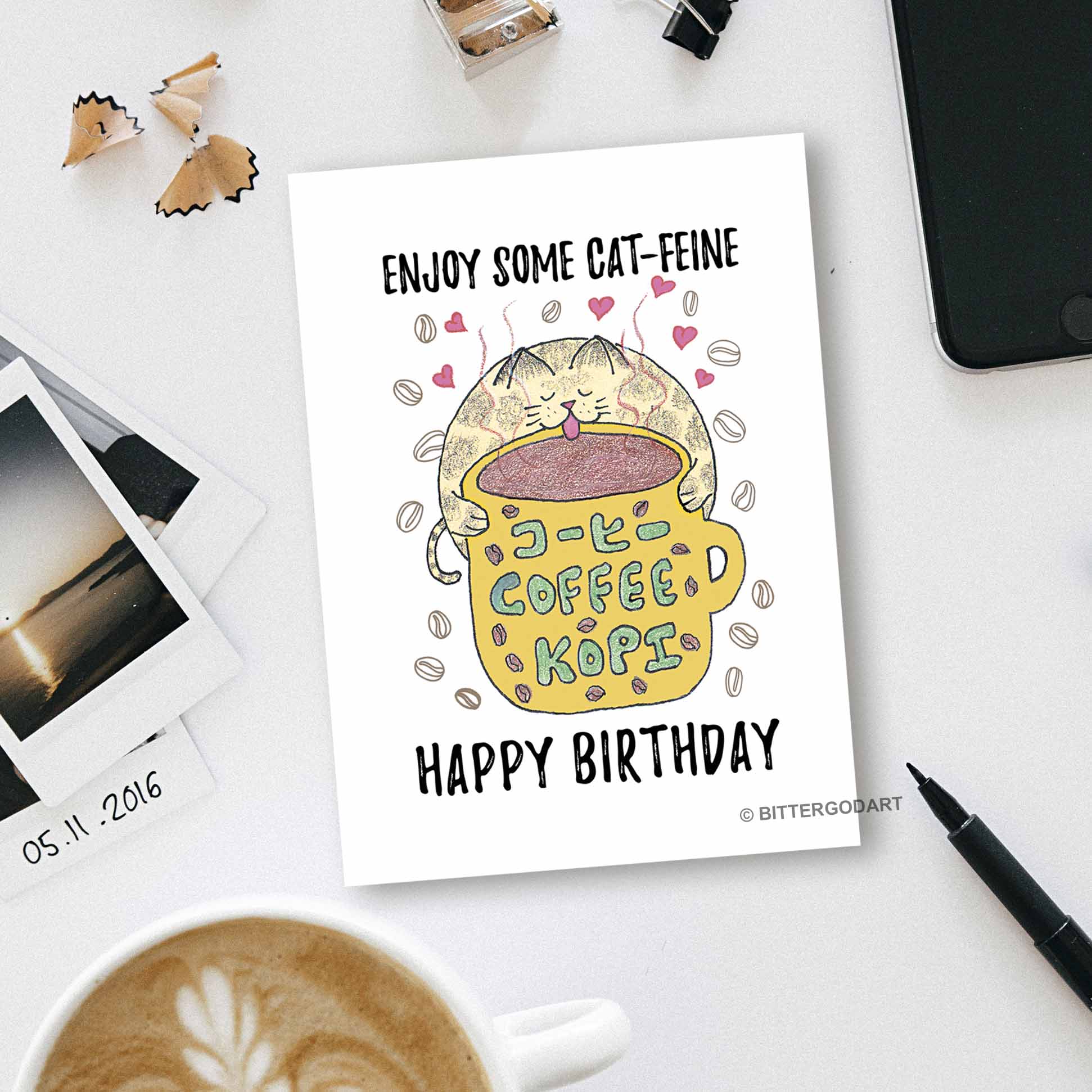 Happy Birthday | Coffee Kopi Cat Lovers | Cute Funny Pun Greeting Card